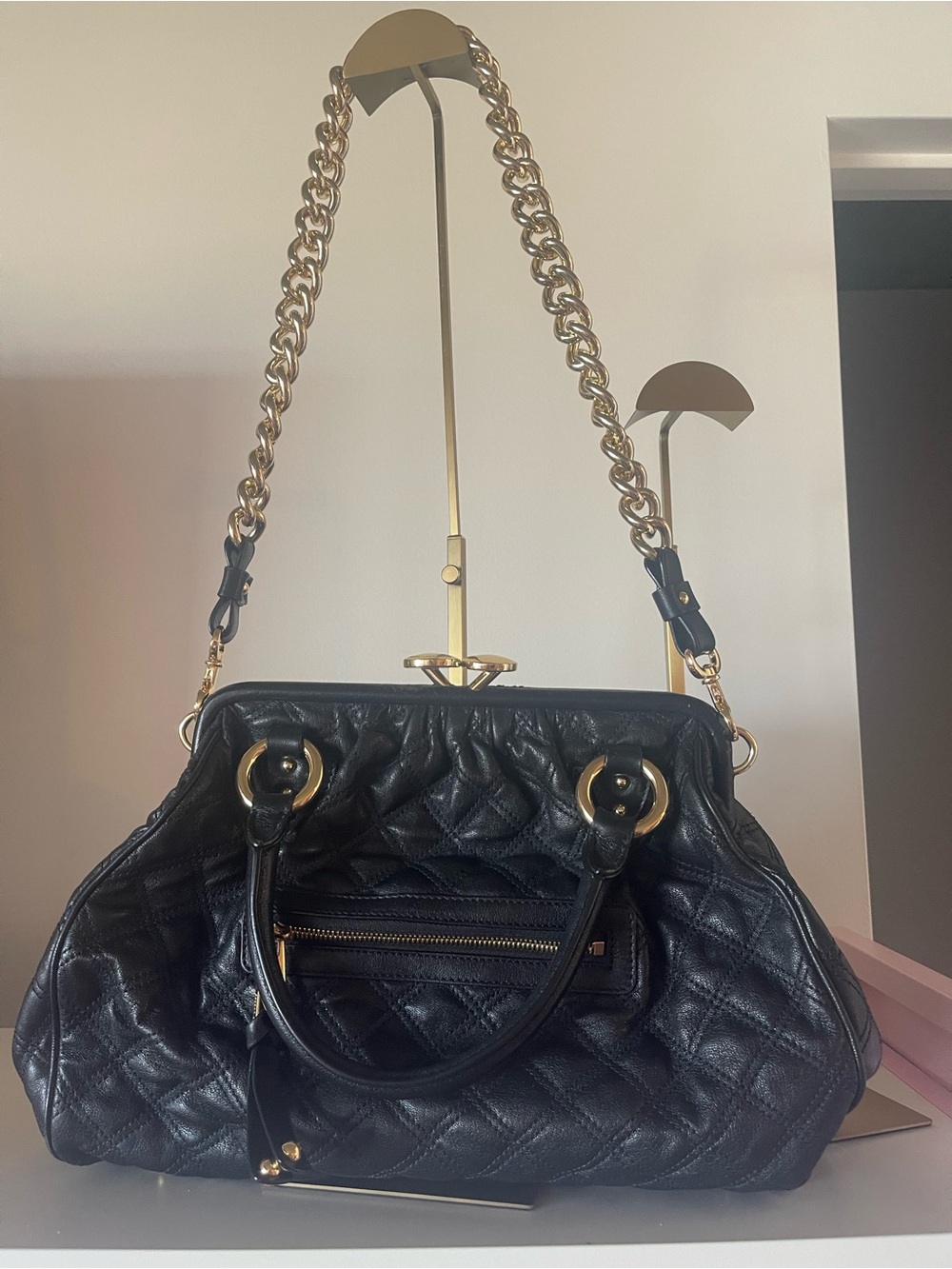 Marc Jacobs Stam Quilted Black Leather Satchel with Gold Chain Strap